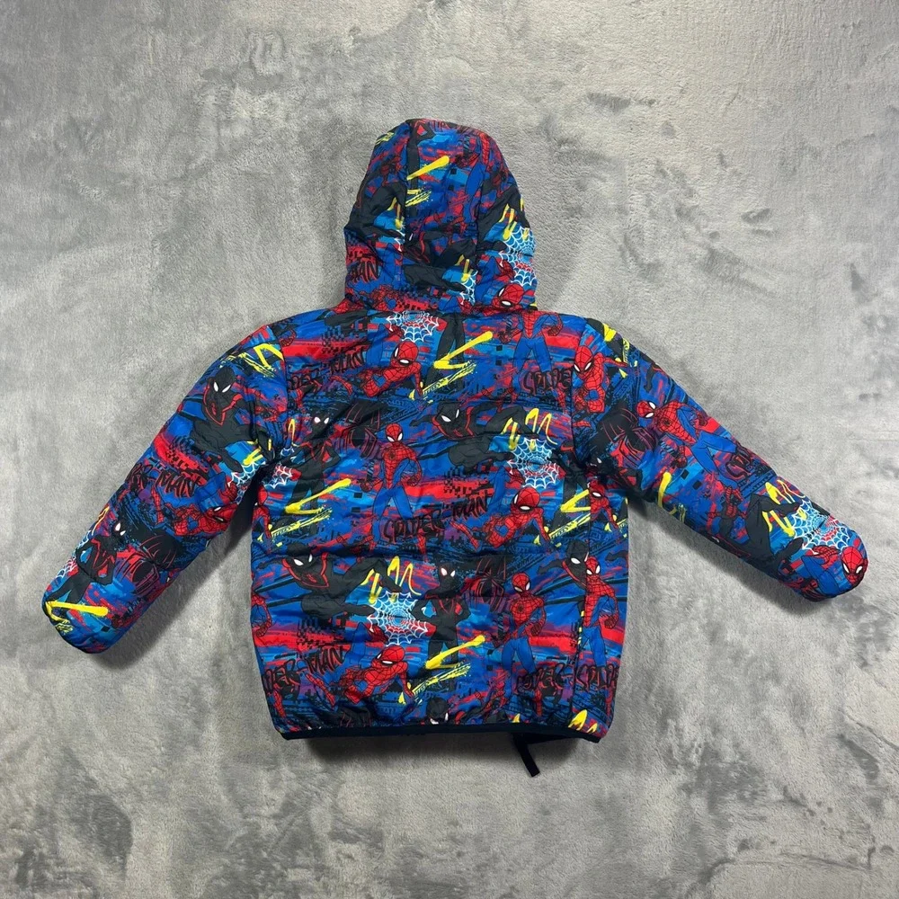 Spider-Man Puffer Reversible Hoodie Jacket Kids Size 6 Black Blue Good Marvel
